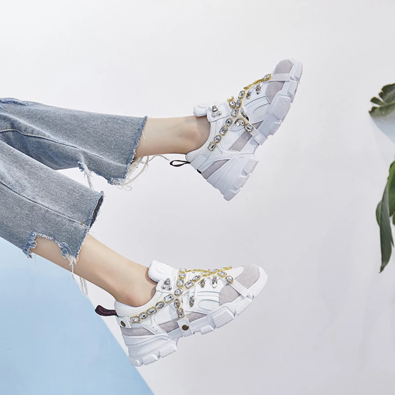 

Rhinestone High Quality Fashion Women Casual Shoes Crystal Autumn Female Casual Sneakers Print Flat Platform Flats