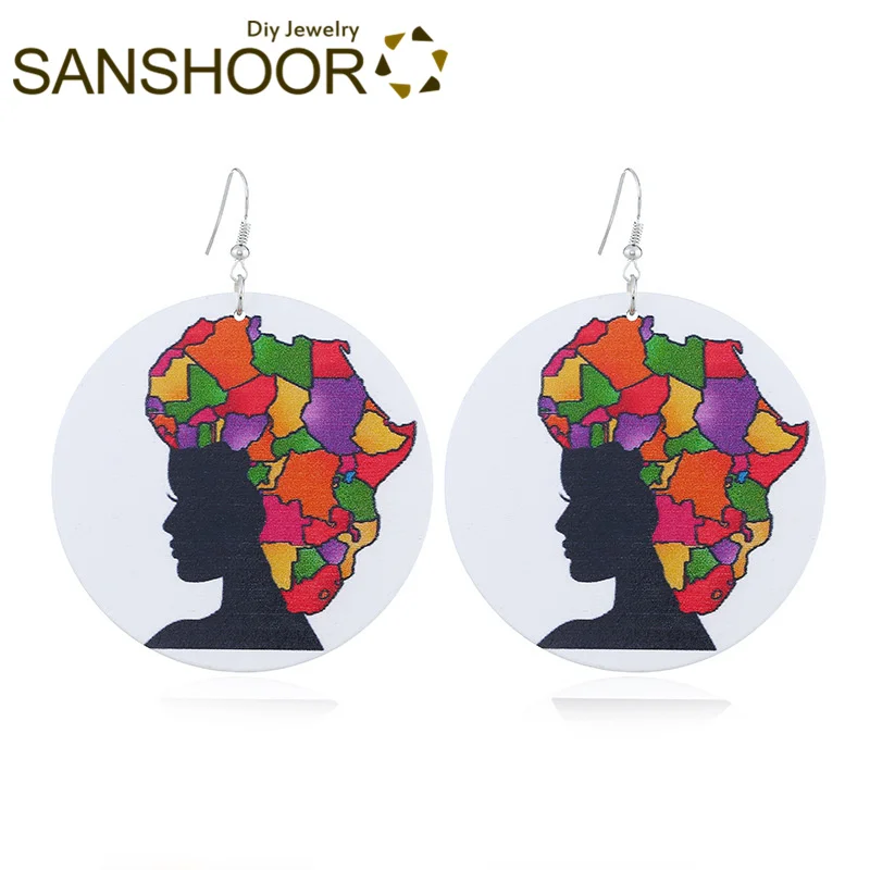 SANSHOOR напечатанные африканские натуральные волосы деревянные серьги