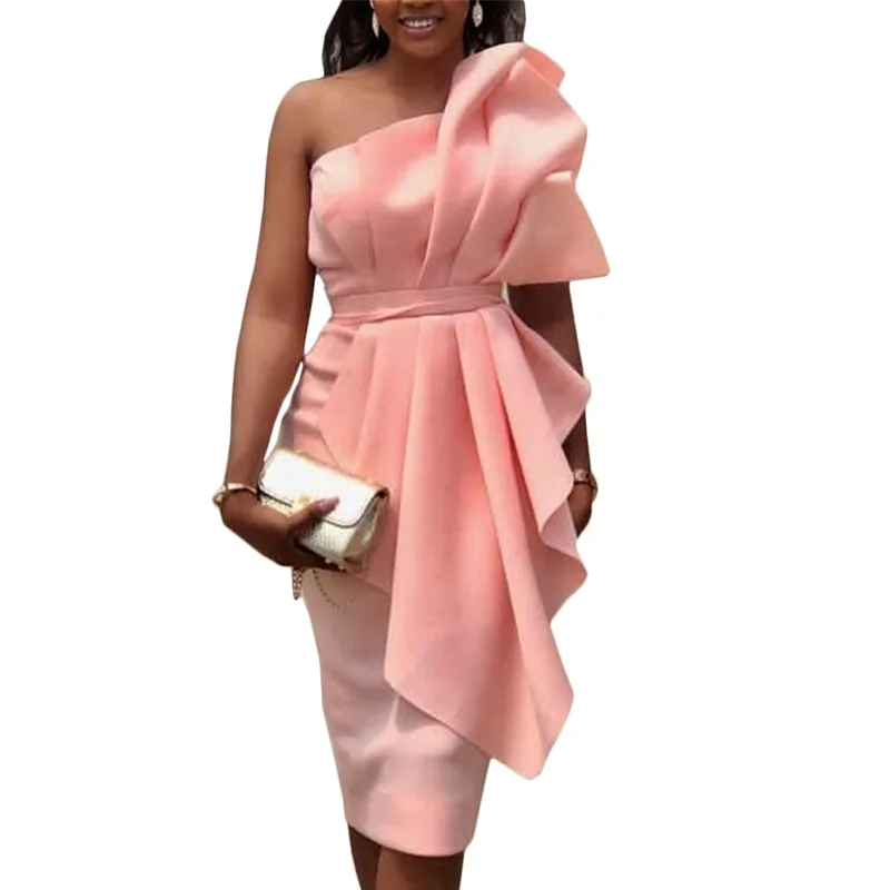 

Afrian Clothes Sexy Ruffles Pink Bodycon Dress Women 2019 Summer Off Shoulder Backless Bandage Pencil Dress Evening Runway Party