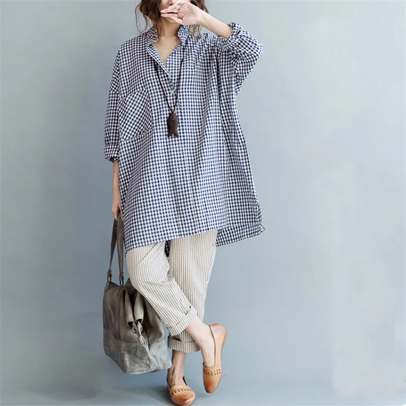 Женская клетчатая блузка с V образным вырезом большого размера|blouse shirt|check toplong loose