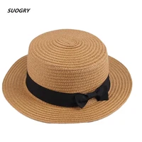 suogry wholesale sun straw hat boater hat womens bow summer hats for women beach flat panama straw hat chapeau femme