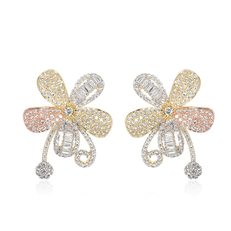 tricolor Blucome, изысканные серьги-гвоздики, цветок, триколор, медь, циркон, ювелирные изделия для женщин, для свадьбы, банкета, вечерние, юбилейные аксессуары, подарок - Окраска металла: tricolor