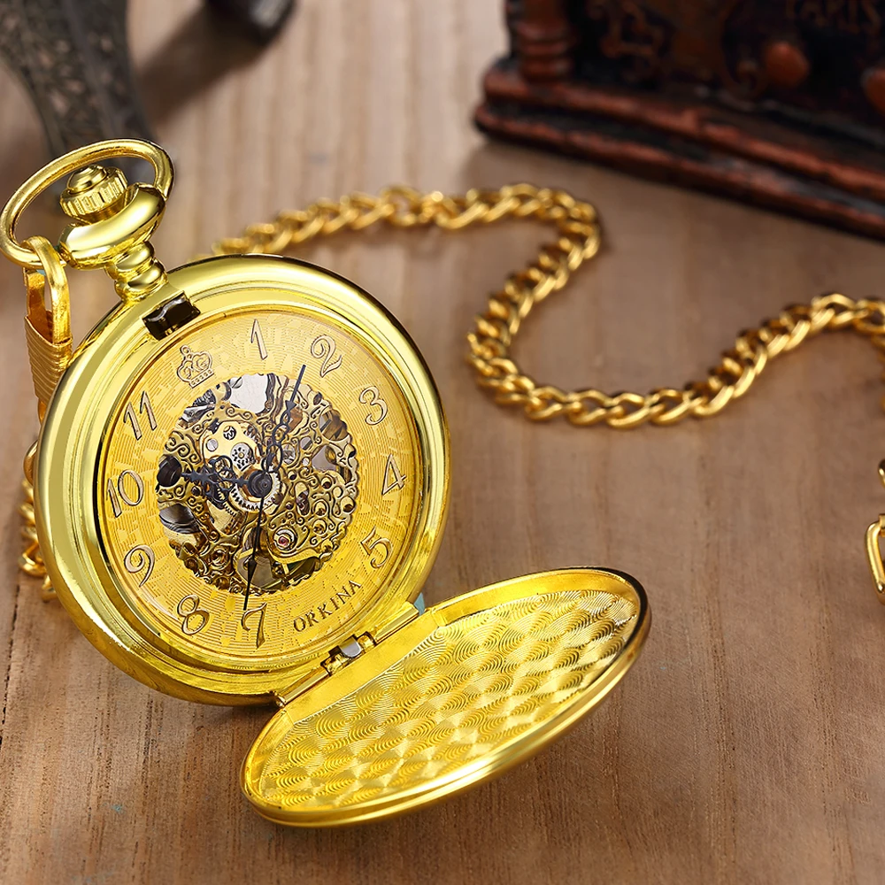 ORKINA Классические Механические карманные часы подарок для мужчин Золотая цепочка