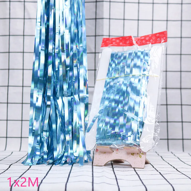 1x2m light blue 2M 3M Gold Silver Metallic Foil Tinsel Fringe Curtain Birthday Party Decoration Wedding Photography Backdrop Curtain Photo Props - Цвет: 1x2m light blue