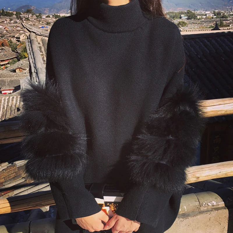 Women Thicken High Neck Sweater Reversible Fur Decors Long Sleeve Collar Zipper Knitted Knitwear Pullover One Size 6Q1276 | Женская