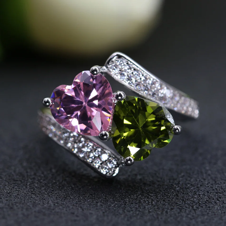 Hainon Двойное Сердце Красный Синий cz Кристальные кольца ювелирные изделия для