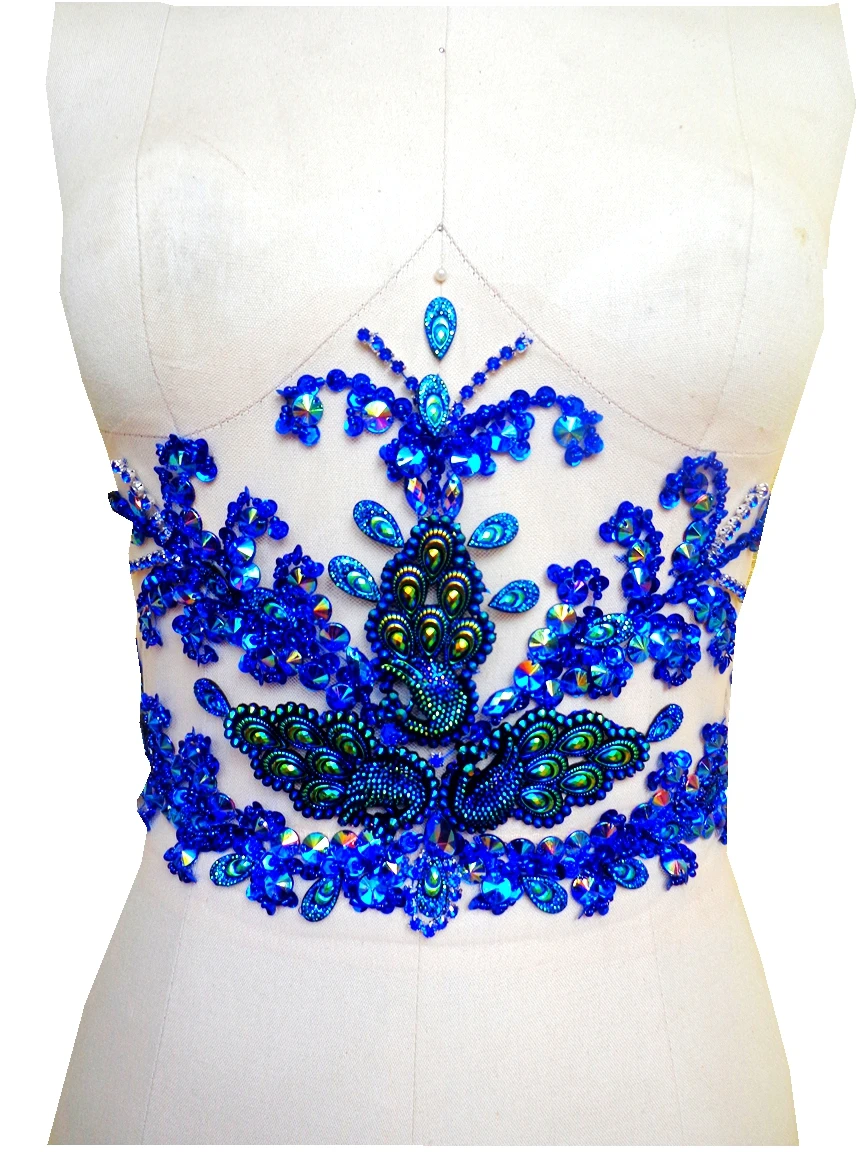 

A150 Deep blue Hand made crystals trim patches sew on Rhinestones applique 43*19cm for top dress skirt accessory