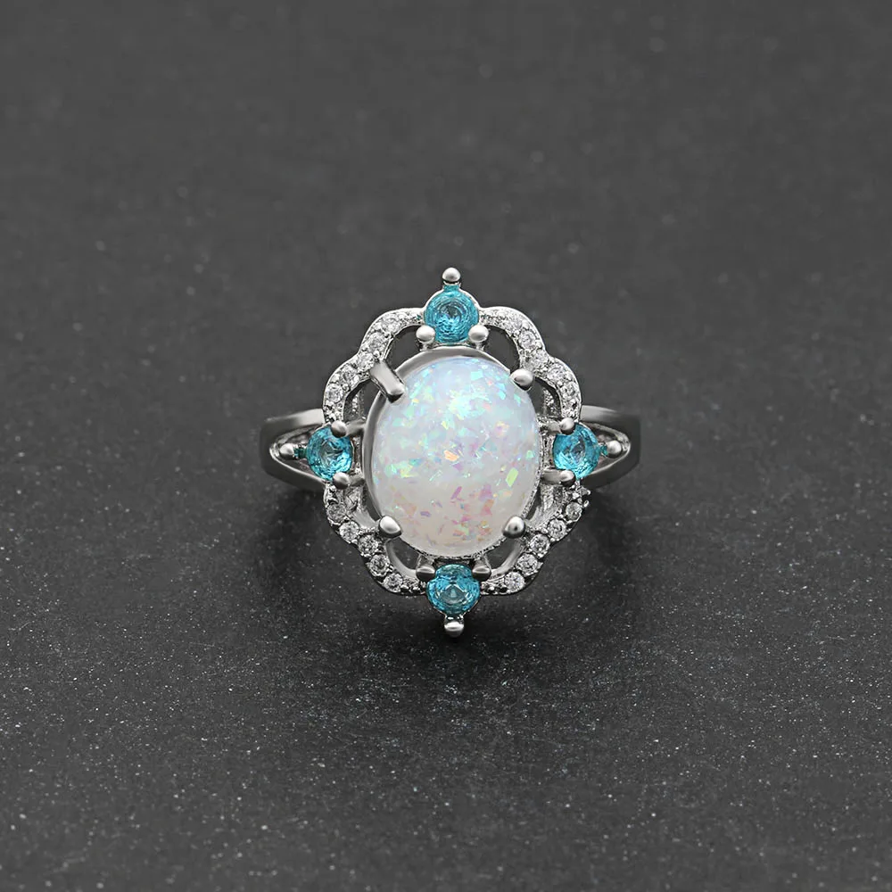 Женское кольцо с овальным опалом Hainon винтажное серебряное голубым фианитом