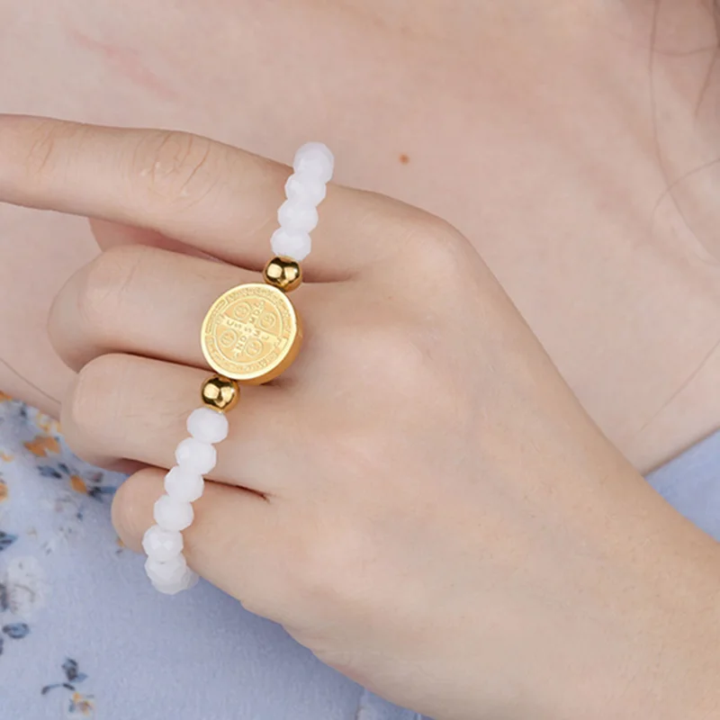 White-Gold Letdiffery святой Бенедикт прозрачные хрустальные белые бусины браслеты для женщин браслеты из нержавеющей стали Религиозные ювелирные изделия оптом - Окраска металла: White-Gold