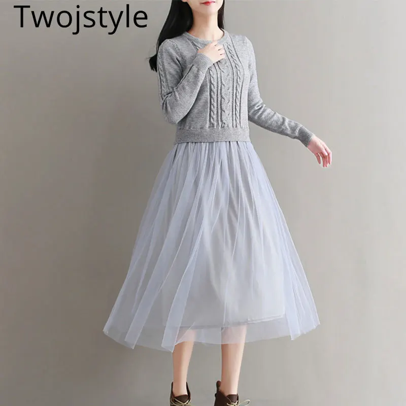Twojstyle 2018 осень-зима Новый Для женщин Платья-свитеры Мода Soild с длинным рукавом