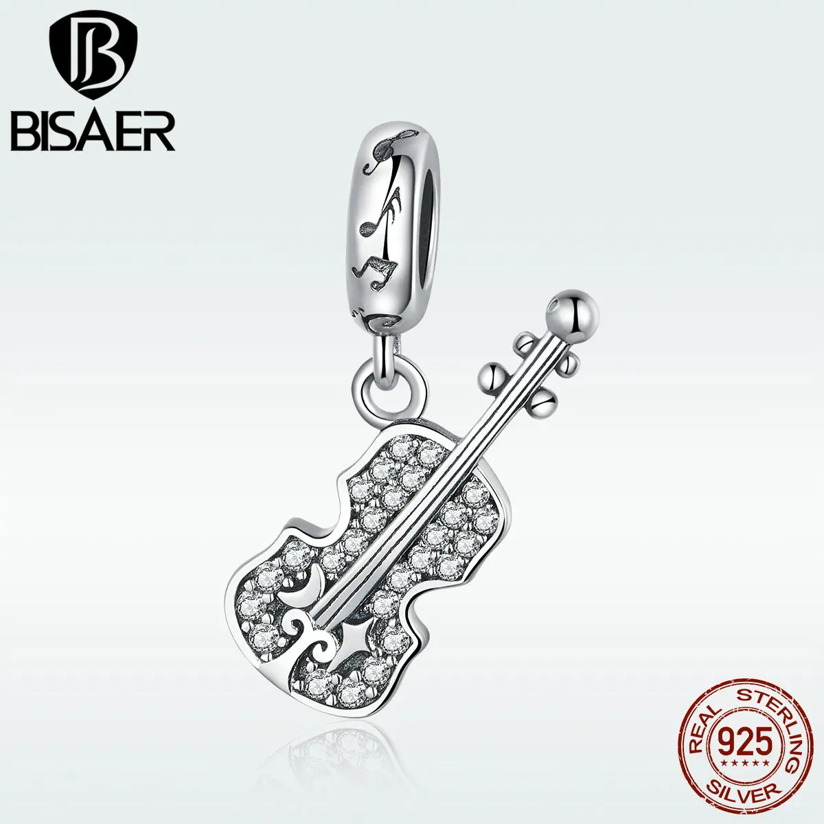 BISAER Настоящее 925 пробы Серебряная музыкальная скрипка амулеты ослепительные CZ скрипки бусины подходят для серебряных DIY ювелирных изделий ECC1078