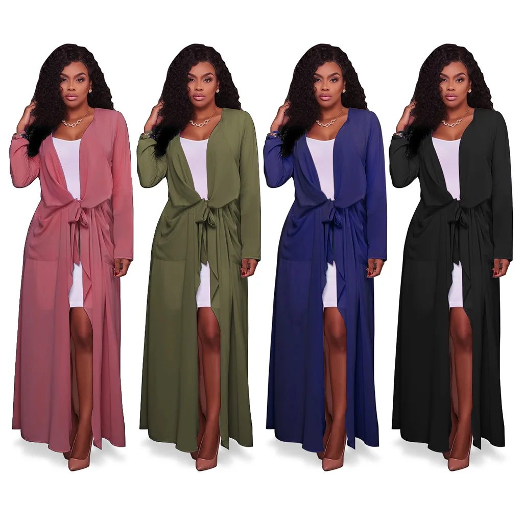 2017 шифоновое длинное кимоно модная Лоскутная блуза с карманами и бантом на поясе