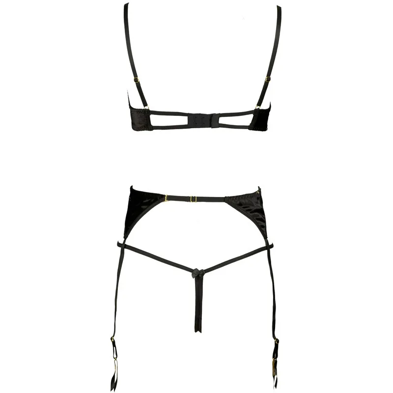 Женское кружевное белье, комплект Ropa Exotica Mujer, бархатная вышивка, сексуальный соблазнительный бюстгальтер, трусы с вырезом и Комплект подвязок
