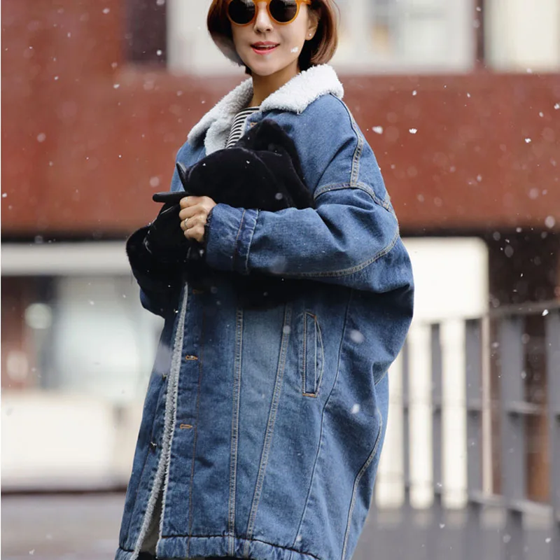 Ретро Женская флис толстый длинный джинсы пальто зима большой лацкан Подкладка