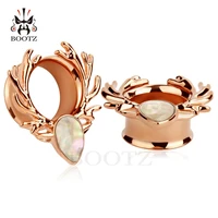 kubooz new jewelry ear plugs deer logo ear tunnel shell drop stainless steel rose gold ear piercing pair selling 2pcs