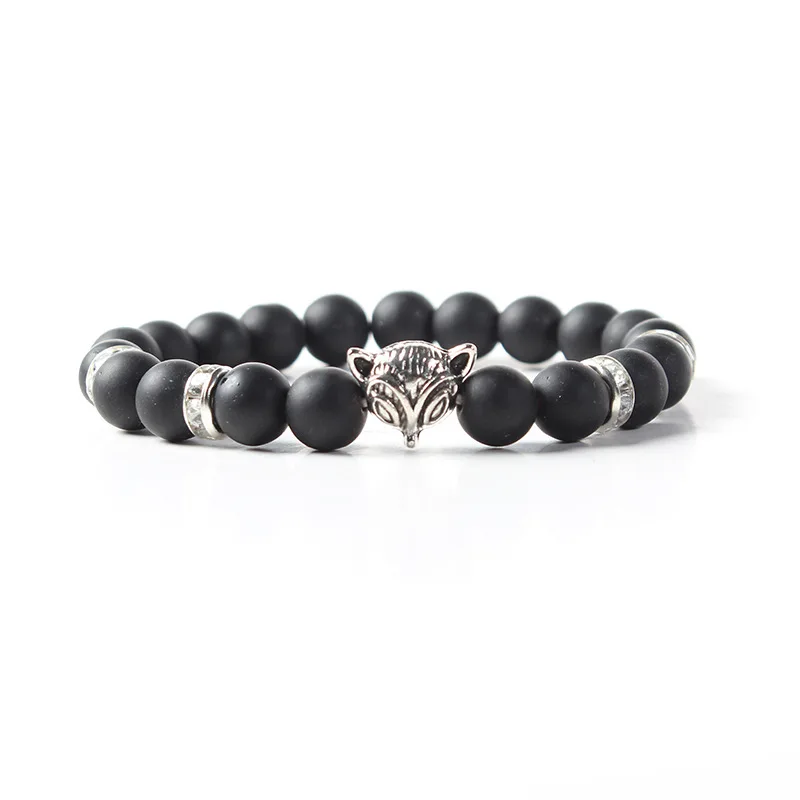 

10pcs New male bracelet Natural Stone Alloy silver gold Animal fox 8mm beads with volcanic rock men Jewelry Lava Yoga Bracelets