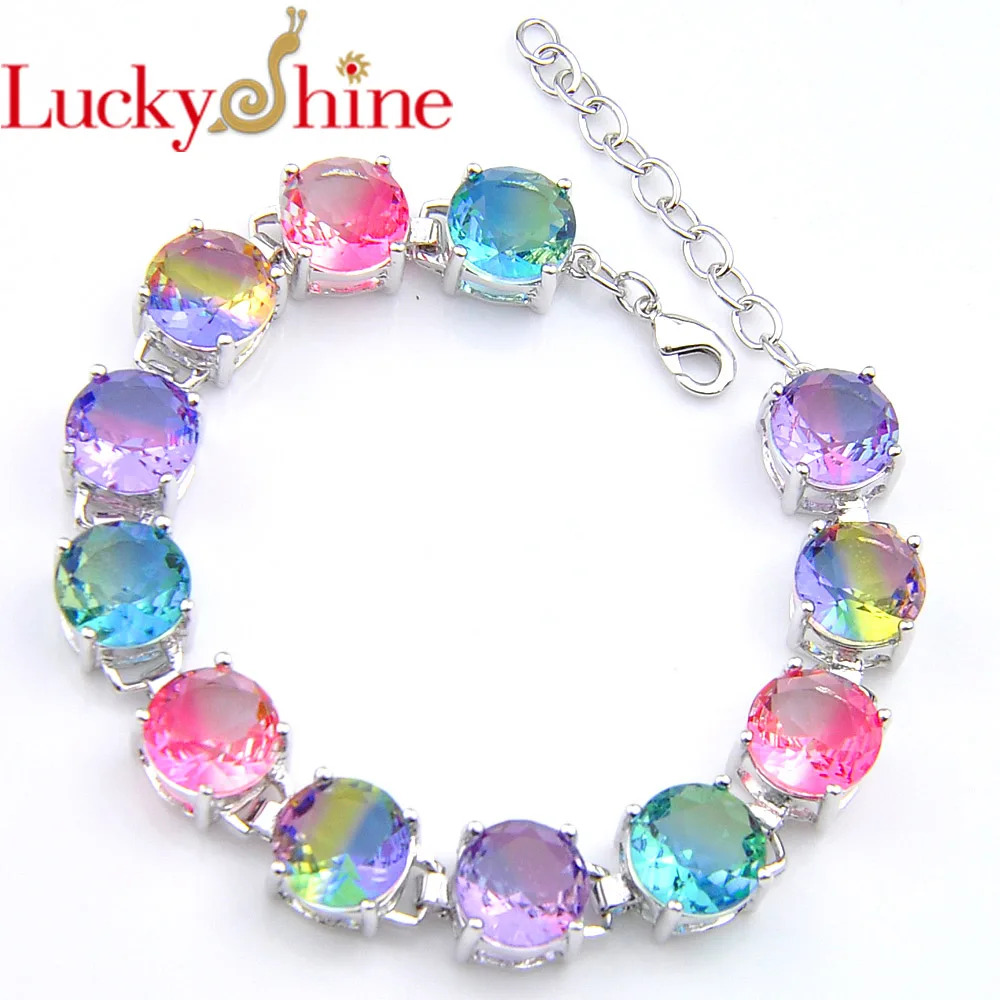 Luckyshine огонь новые круглые BI-COLORED турмалин кристалл Циркон драгоценный камень серебряные цепи браслеты Россия Австралия свадебные браслеты