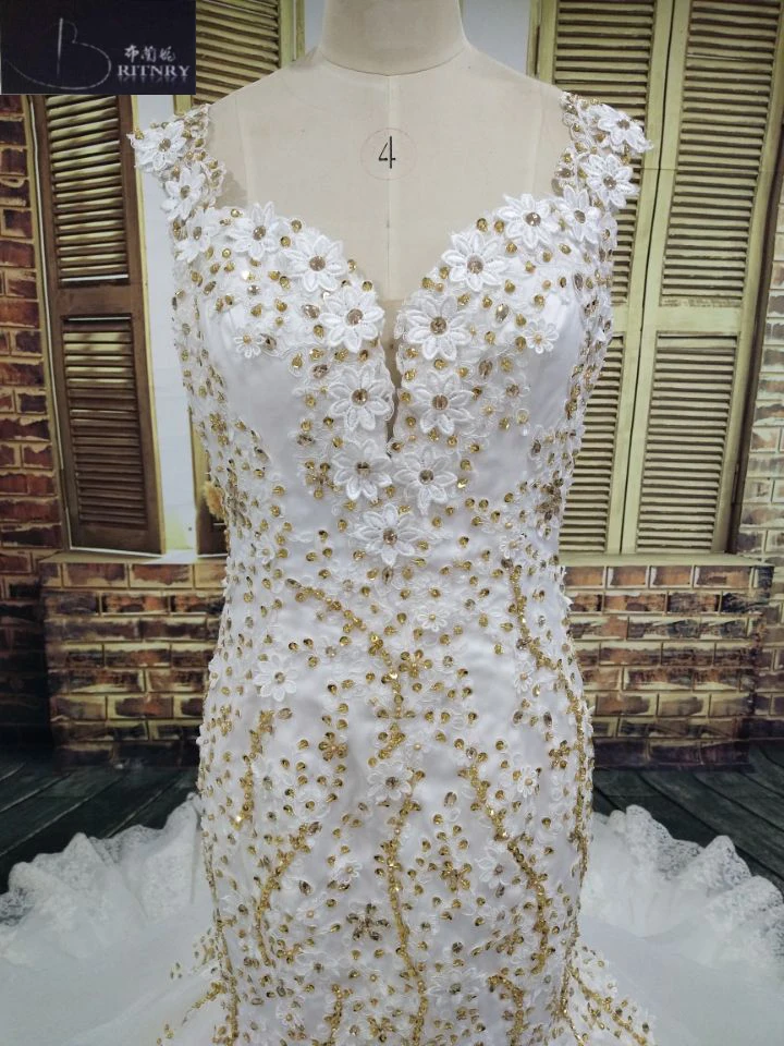 BRITNRY Real Photos Luxury Wedding Dress V Neck Ivory Lace With Gold Beading Mermaid Wedding Dresses Custom Made Plus Size