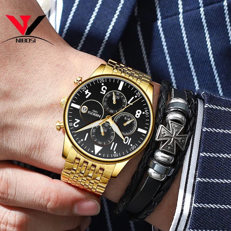 Мужские кварцевые наручные часы NIBOSI Роскошные водонепроницаемые с полностью