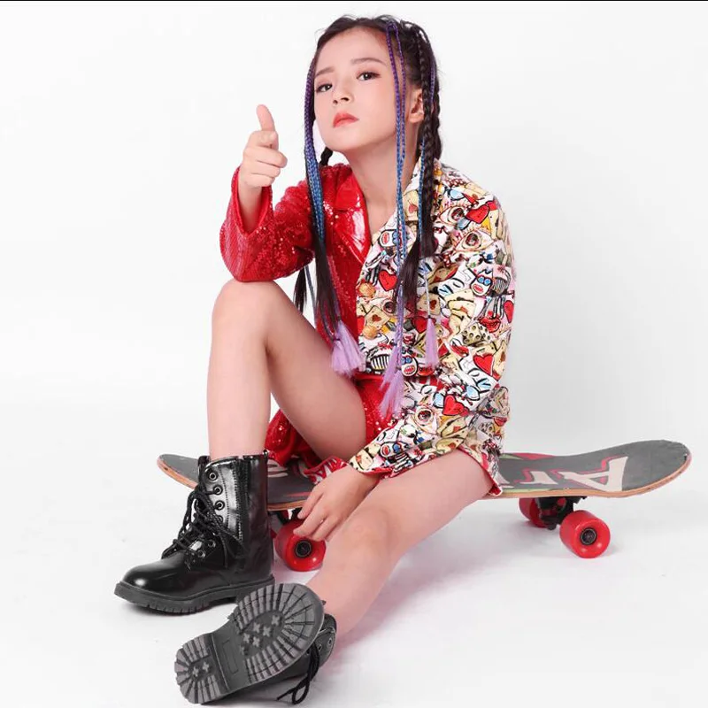 Kids Red Sequined Pants Jacket Coat Hip Hop Clothing Clothes Jazz Dance Costumes Suit Girls Stage wear Ballroom Dancing Outfits |
