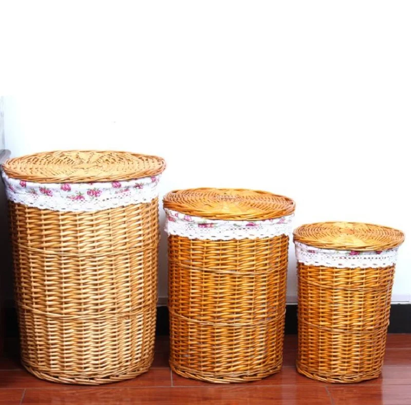 

3Pcs/Set S M L Storage Bins Dirty Clothes Rattan Storage Laundry box Finishing basket Handmade Weaving Storage Basket With lid