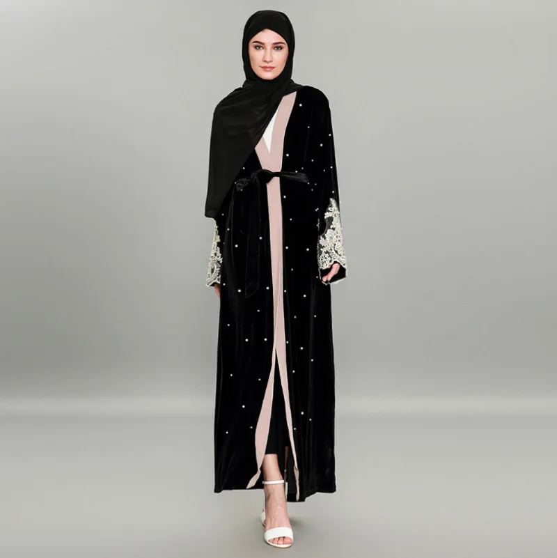Мусульманский вельветовый кардиган с бисером и вышивкой кружевное Макси Платье