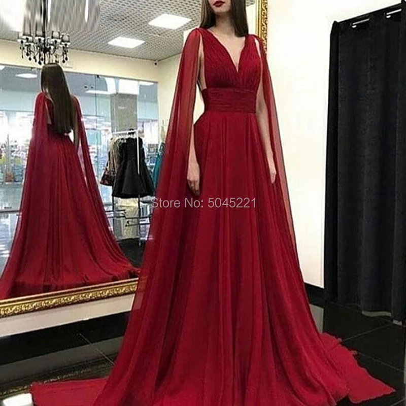 

Burgundy Chiffon V Neck Formal Evening Dresses Islamic Aibye Women Cape Long Sleeves Dubai Arabic Prom Gowns 2019 Robe De Soiree