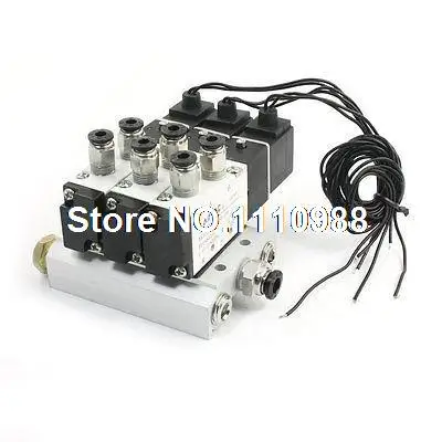 

4V110-06 AC110V 5Way Triple Solenoid Valve Mufflers Base Quick Fittings Set