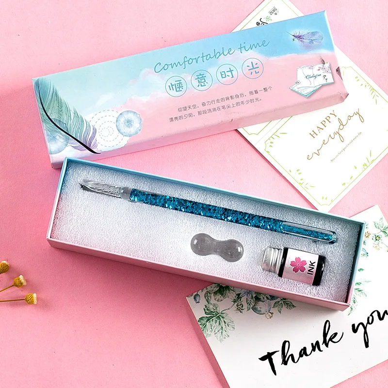 

JUGAL Quicksand Glass Pen Dip Pen Starry Color Ink Fountain Pen Transparent Manual Calligraphy Pen Gift Box Set Art Supplies