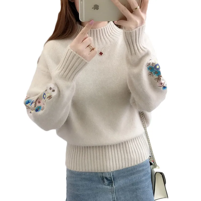 2019 Autumn Winter Sweater Women Casual Embroidery Pullovers Female Korean Half Turtleneck Long Sleeve Warm Knit Tops Pull Femme | Женская