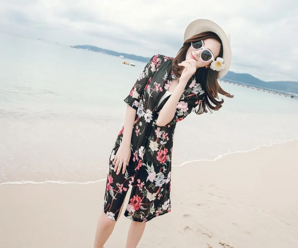 Женская шифоновая рубашка с цветочным принтом летняя повседневная Пляжная 2017 |