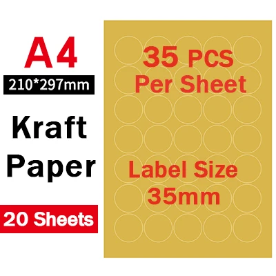 35mm matt kraft А4 круглые наклейки, высеченные Листы А4, глянцевая белая/крафт-бумага клейкая наклейка s для лазерных/струйных принтеров, 20 листов - Цвет: 35mm matt kraft