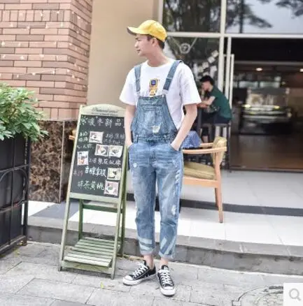 M-3XL HOT ! New men's clothing hole bib pants fashion slim denim overalls jumpsuit Nine points suspenders Little feet jeans | Мужская