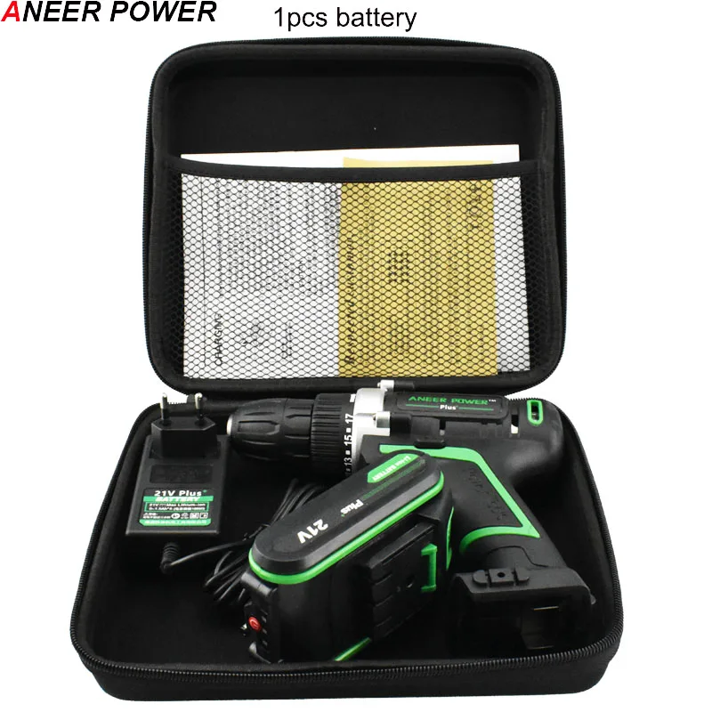 1pcs battery 21 в электроинструменты, двойная скорость, ручная электрическая дрель, Аккумуляторная дрель, Аккумуляторная дрель, электрическая отвертка, мини сверление, 45 Н/м крутящий момент - Цвет: 1pcs battery