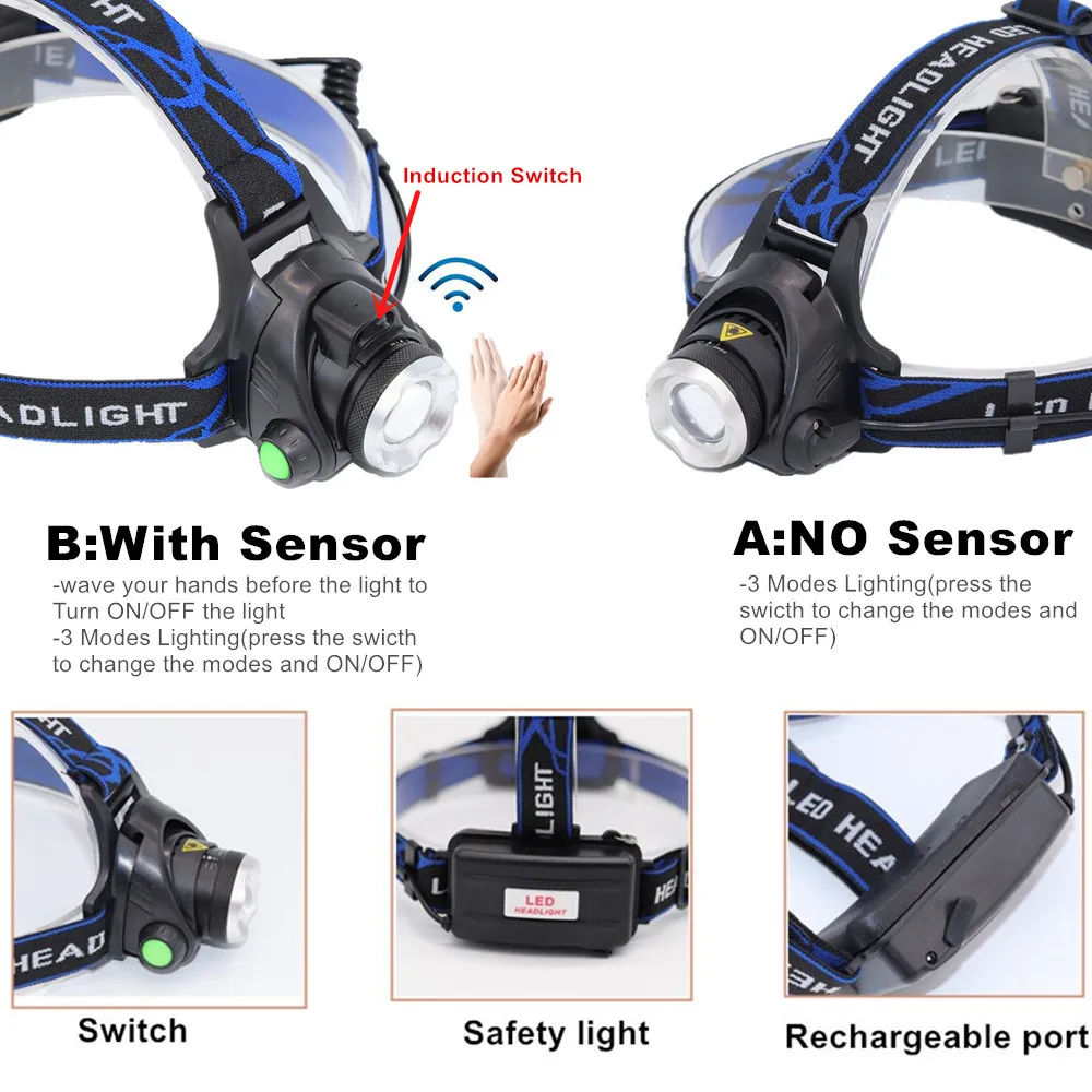 Налобный фонарь с датчиком движения 30 Вт перезаряжаемая фара зумом XML T6 L2