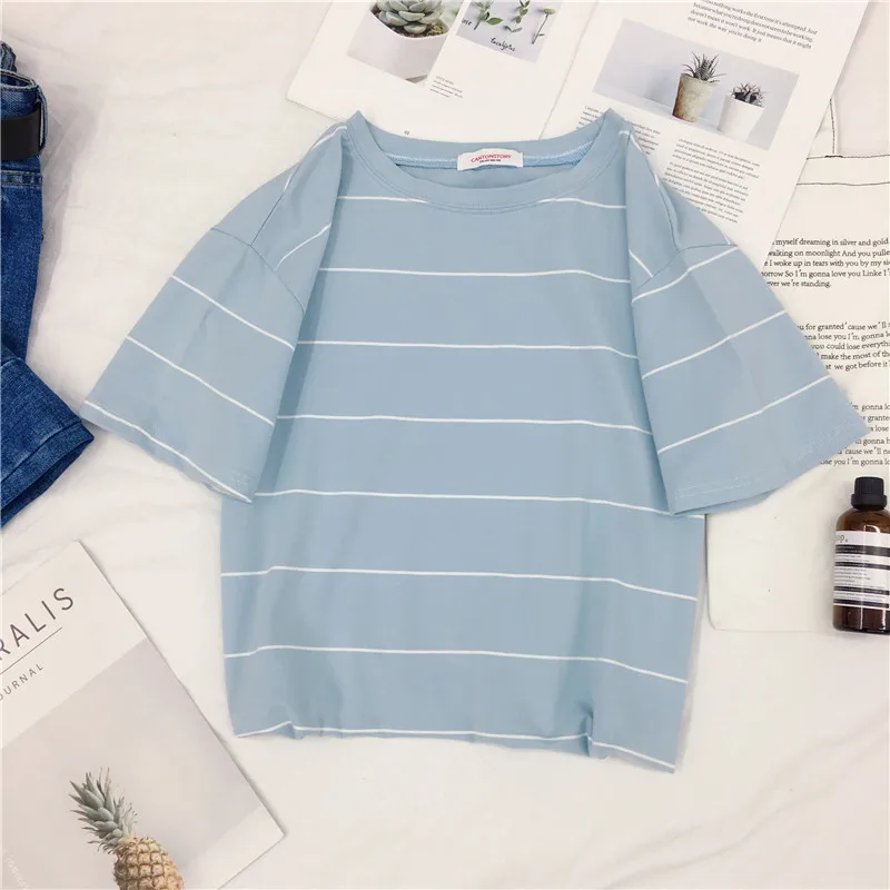 

Stripe Top Women Female T-shirt Harajuku Women's Shirt Tees Sports Pullovers Casual Cotton Clothing Couple Wear Family Clothes