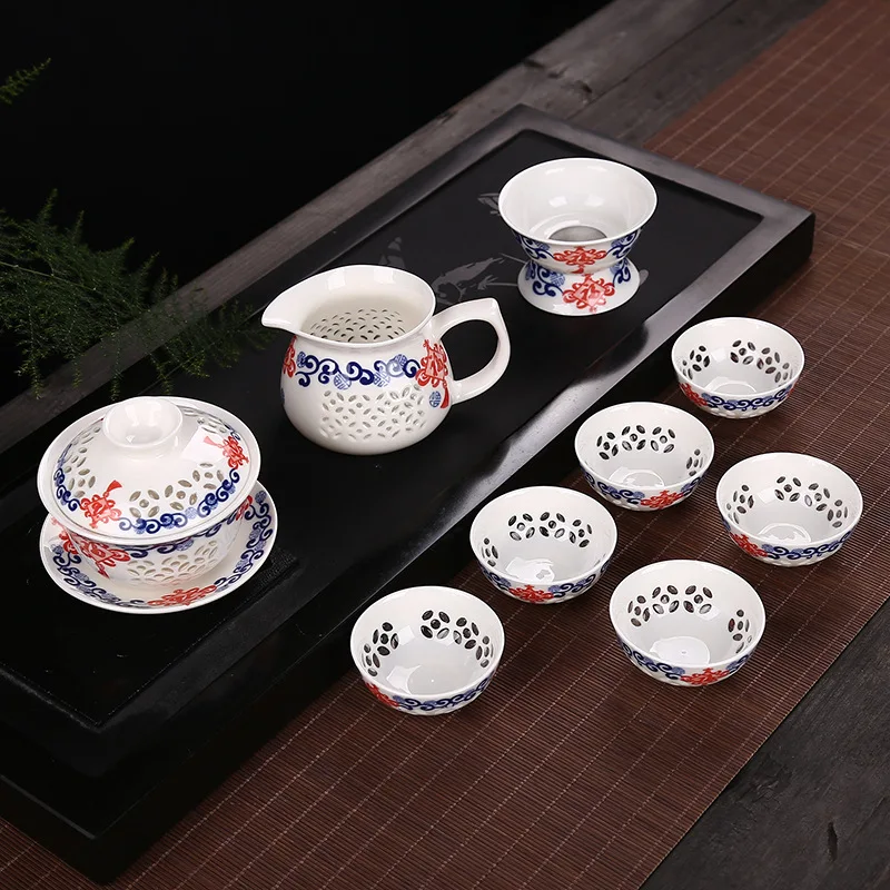 9 шт. сотовая фотокерамика синий и белый фарфор 1 * Gaiwan (чайник) + 6 чайные чашки