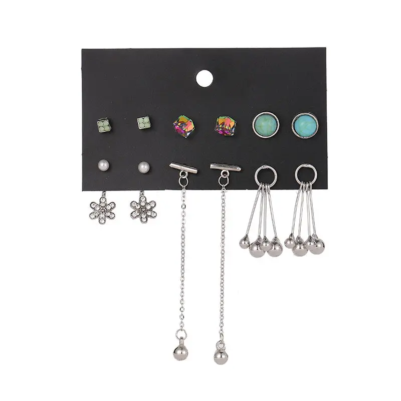 Winterxue 6Pairs New Stud Earrings Set For Women Punk Fashion Jewelry Crystal Stone Long Piercing Pendientes Brincos | Украшения и