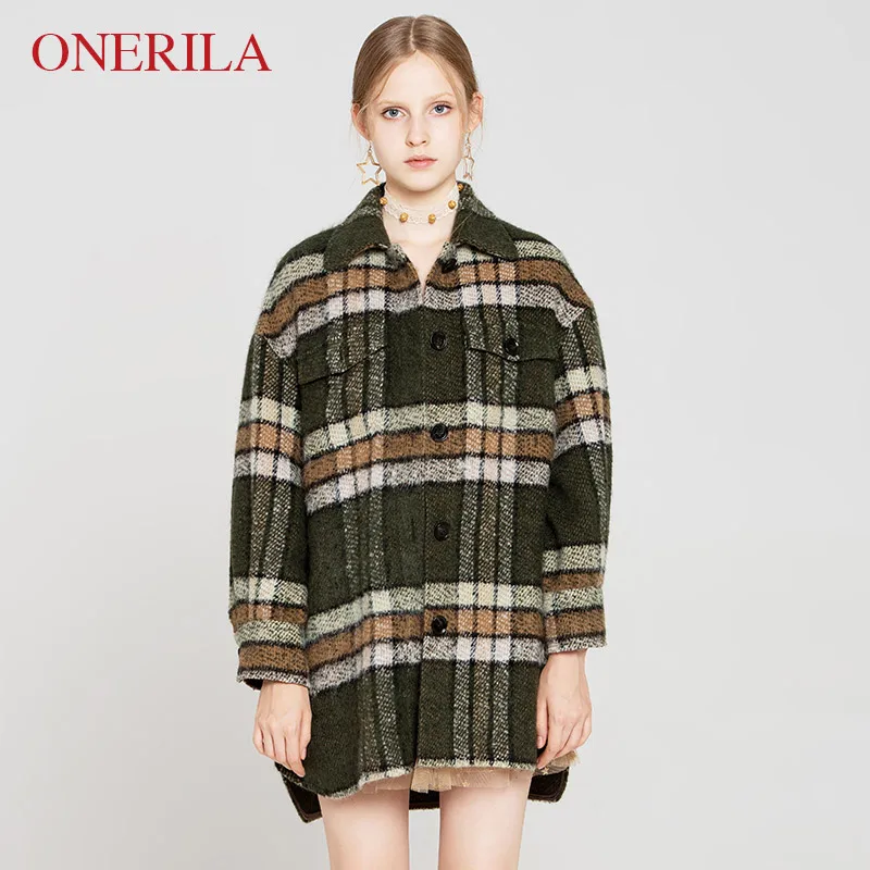 ONERILA 2018 New Winter Casual Vintage Loose Single Breasted Green Plaid Wool Coat Long Sleeve Turn Down Collar Women Overcoat | Женская