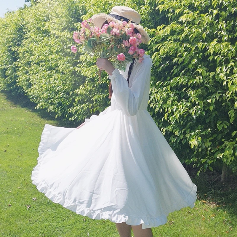 Lolita Style Women Cute Dress Autumn Japanese Mori Girl Peter Pan Collar White Casual Ruffle Solid Loose Long Sleeve | Женская одежда
