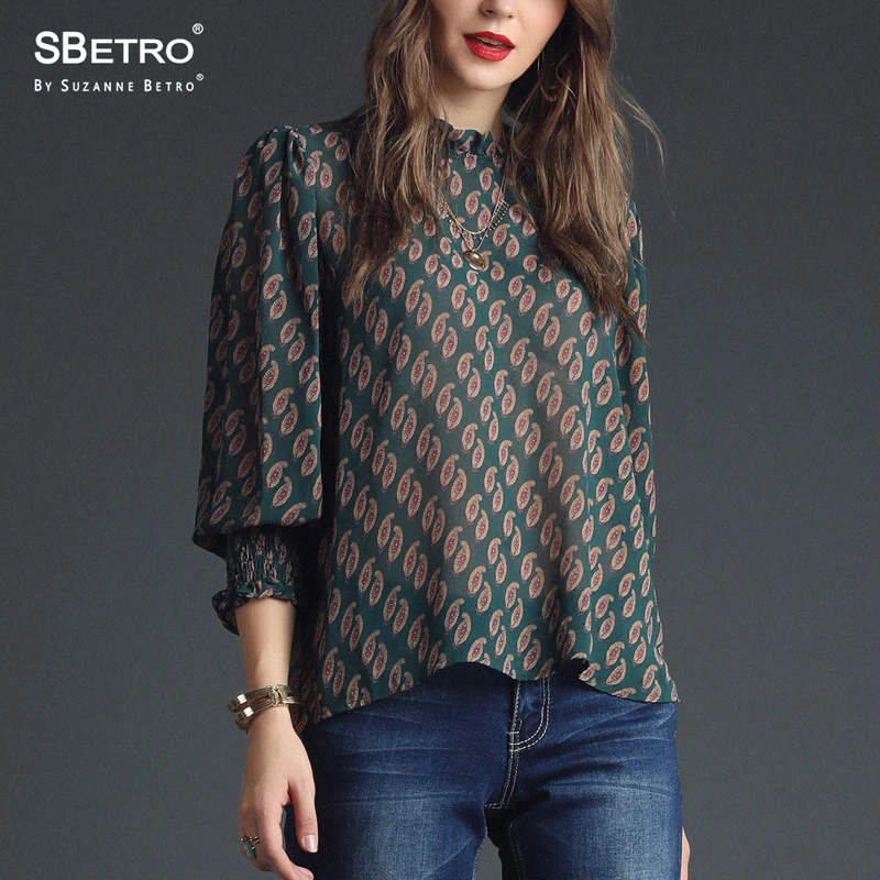 SBetro шифоновая шаль блузки печати рюшами Mockneck длинный шарик рукав Осень Туника