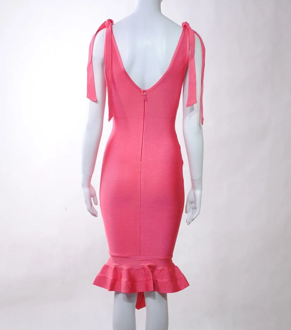 

Ruffles pink Knee-Length V-Neck Spaghetti Strap Bandage 2019 New Women Sleeveless Vestidos Celebrity evening Party dress