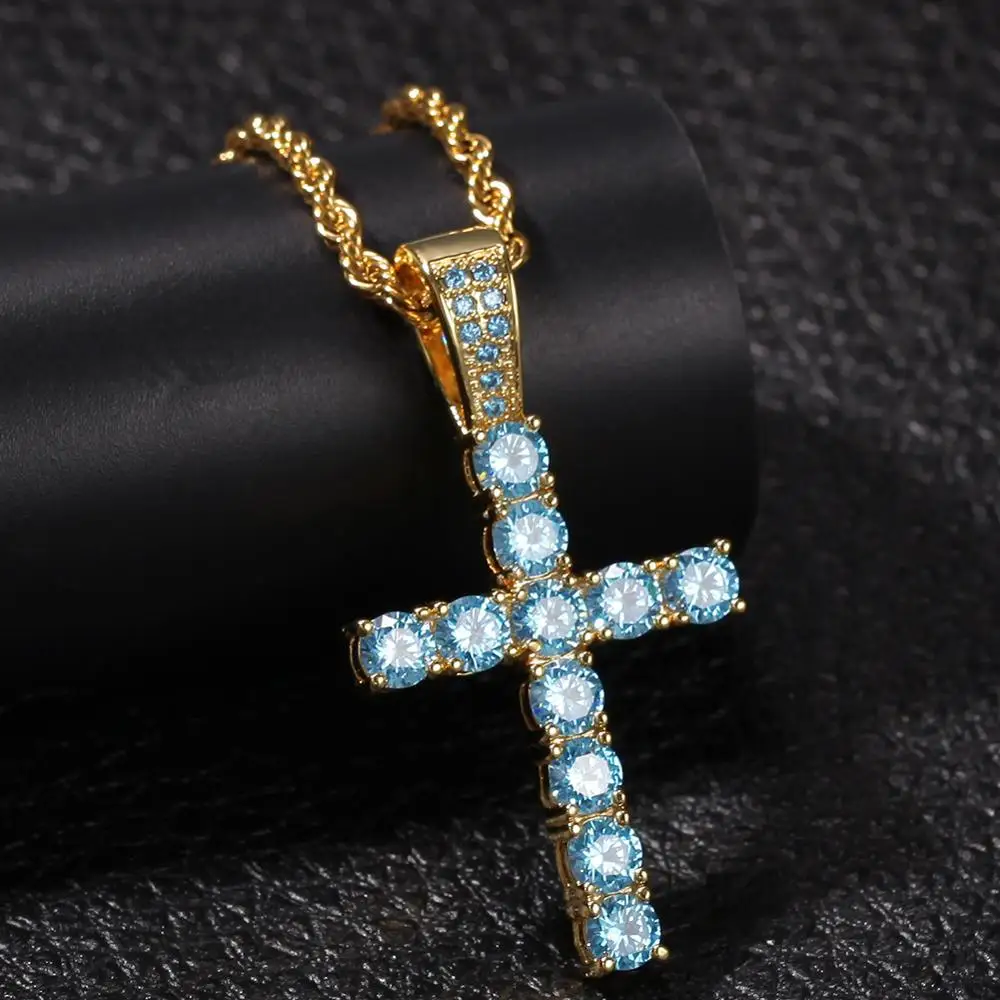 ARMNVNV Hip Hop Sky Blue Cubic Zirconia Cross Pendant Necklaces for Men Jewelry Party Decoration | Украшения и аксессуары
