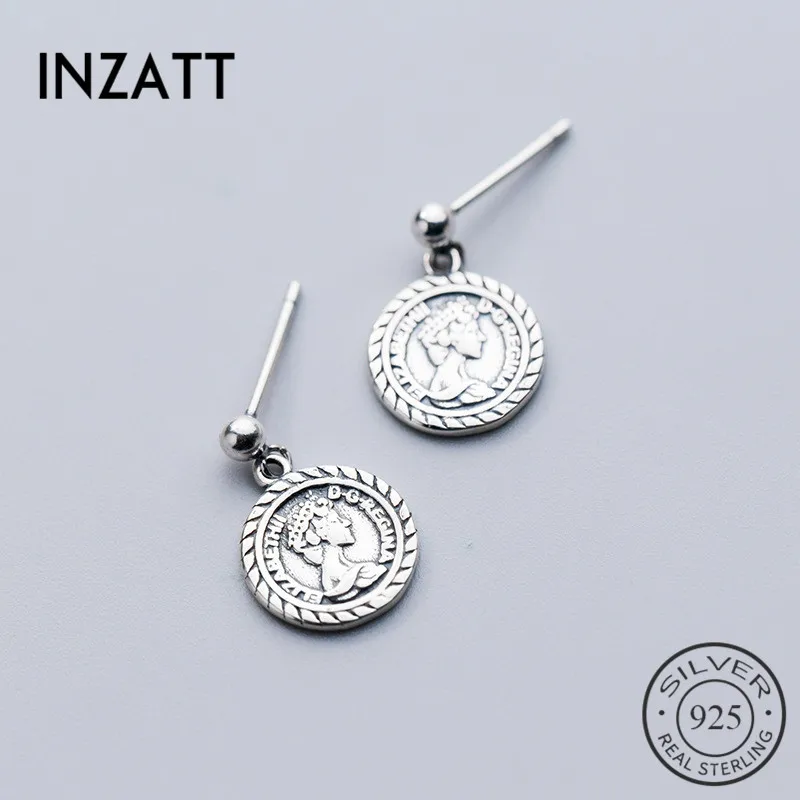 INZATT, настоящее 925 пробы, серебро, Ретро стиль, мастер портрет, висячие серьги для женщин, модные ювелирные изделия, геометрический, Круглый, минималистичный подарок