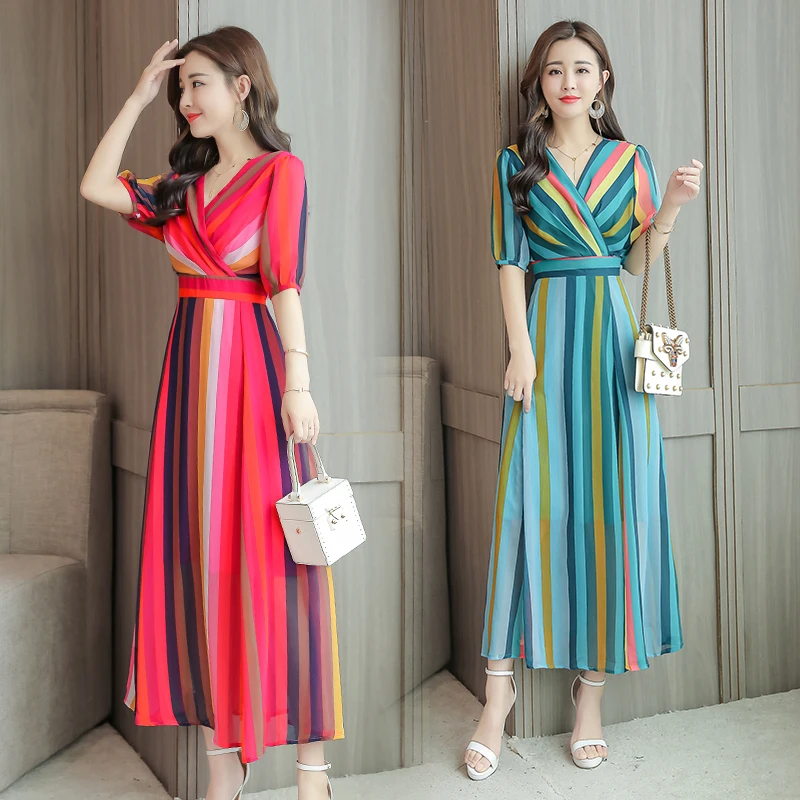 Женское шифоновое платье-рубашка длинное платье в полоску с V-образным вырезом