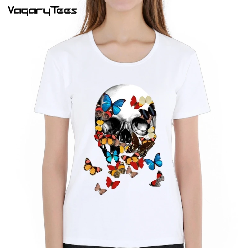 

2019 Women T Shirts Fashion Voodoo Skull Design Short Sleeve Casual Tops Hipster Butterflys Skull Printed T-Shirt Cool Tee