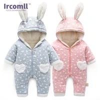 ircomll new angel newborn clothes bodysuits one pieces kid jumpsuit warmsoft fleece lining rabbit ears hooded girl outerwear