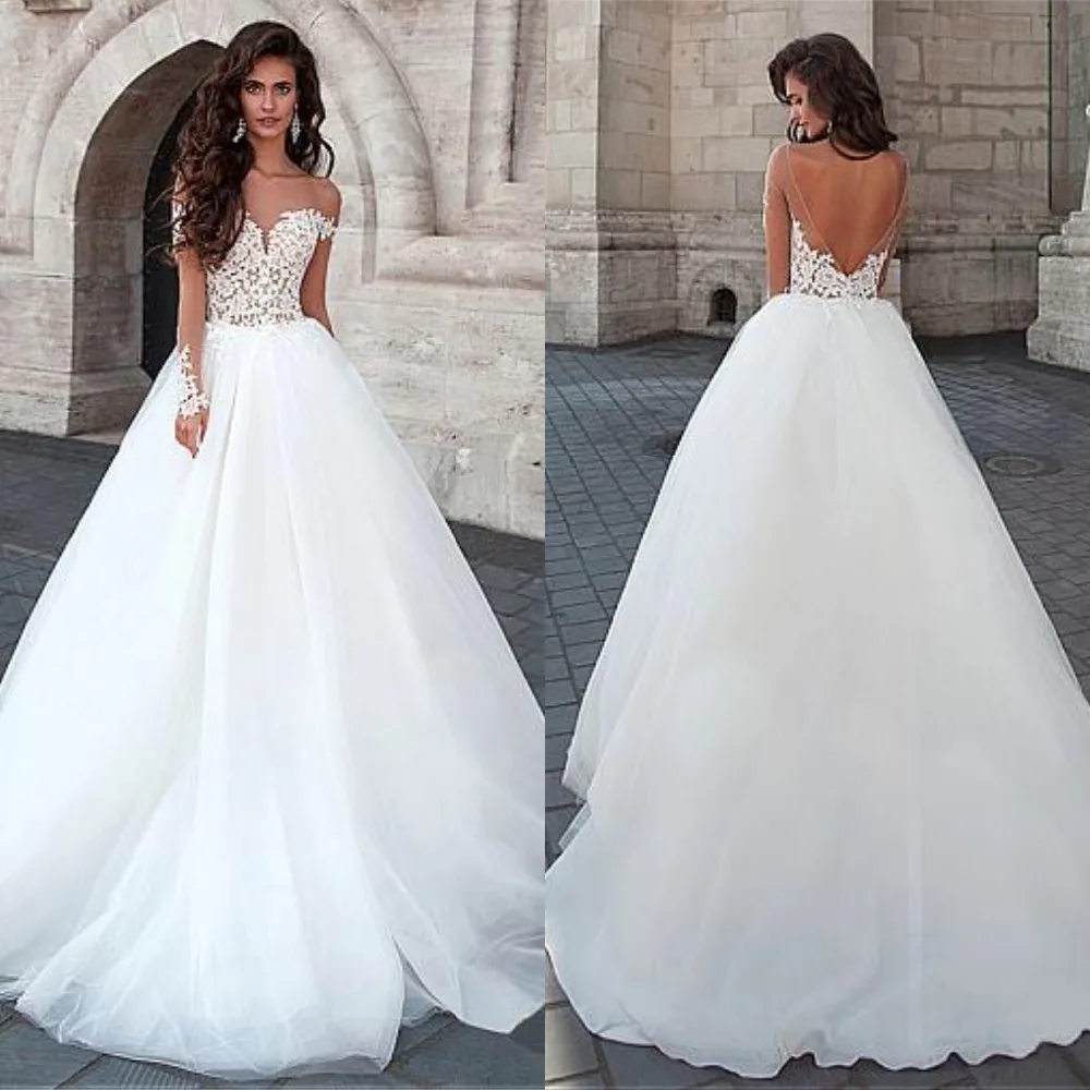 

Attractive Tulle Bateau Neckline Ball Gown Wedding Dresses With Lace Appliques Backless Bridal Gowns Robe De Mariage