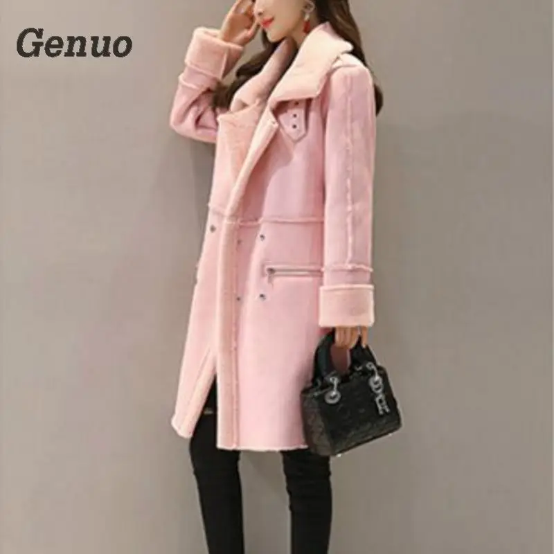 Genuo Women's Winter Coat Thick Warm Cashmere Woolen Coat Female Turn-down Collar Long Winter Jacket Women Wool Jackets Outfits