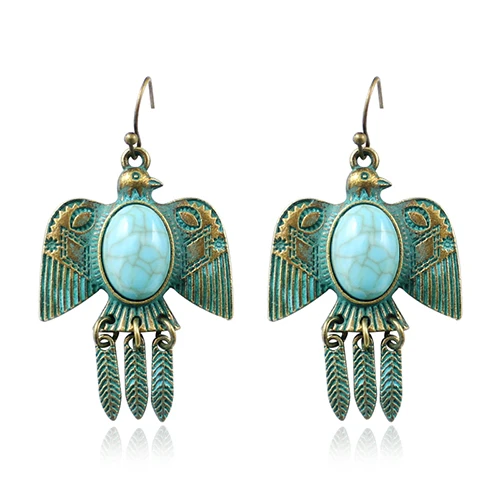 green Индивидуальные Винтажные серьги в форме птицы, геометрические подвески, Орел, кайт, перо, бахрома, камень, серьги для женщин, Национальный Ветер, модные ювелирные изделия - Окраска металла: green